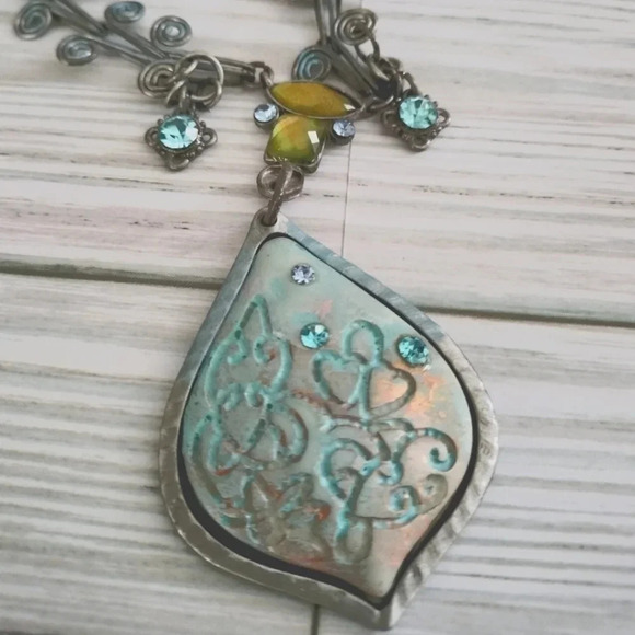 Unbranded Jewelry - Boho Patina Pendant Blue Rhinestones Antique Silver Tone Statement Necklace
